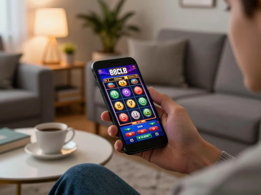 Player enjoying a slot game on the 88clbgo mobile app in a cozy home setting, showcasing recent wins.
