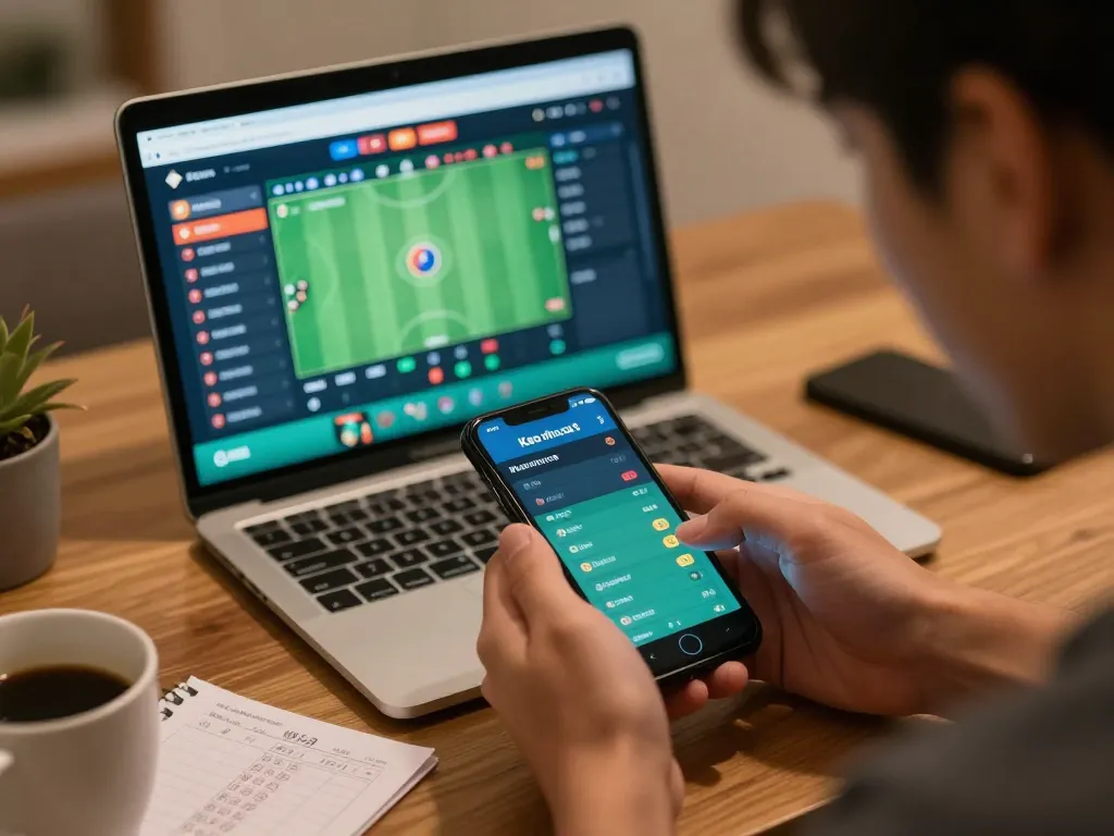 Person analyzing Keo nha cai 5 betting options on a smartphone in a cozy home setting