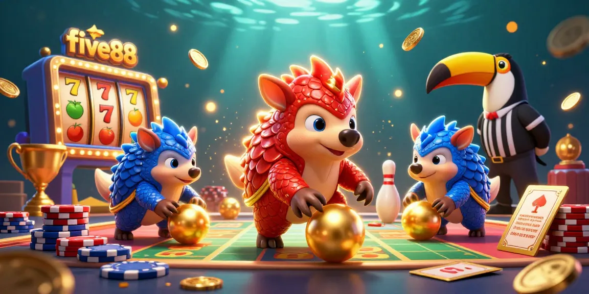 Engage with five88 slots as cartoon pangolins roll golden balls through vibrant poker chips and reels.
