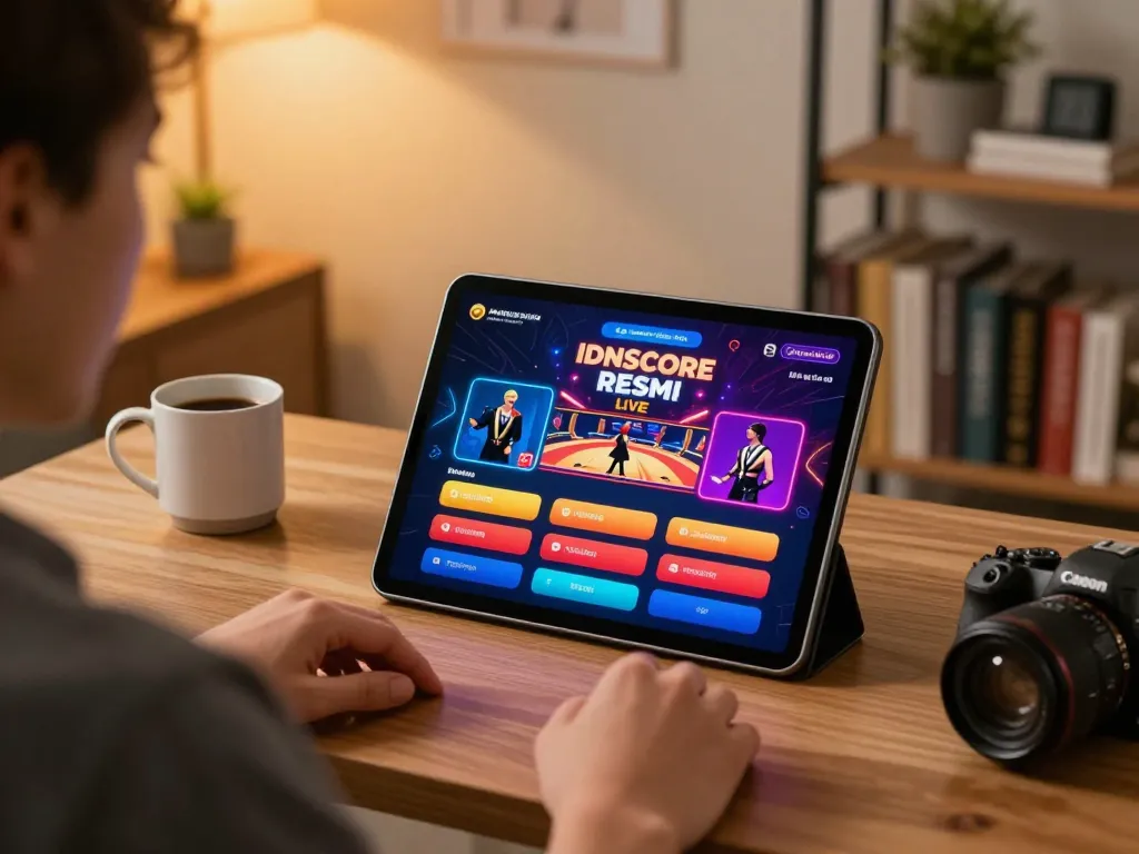 IDNSCORE RESMI online casino gameplay on a tablet in a cozy home office environment.