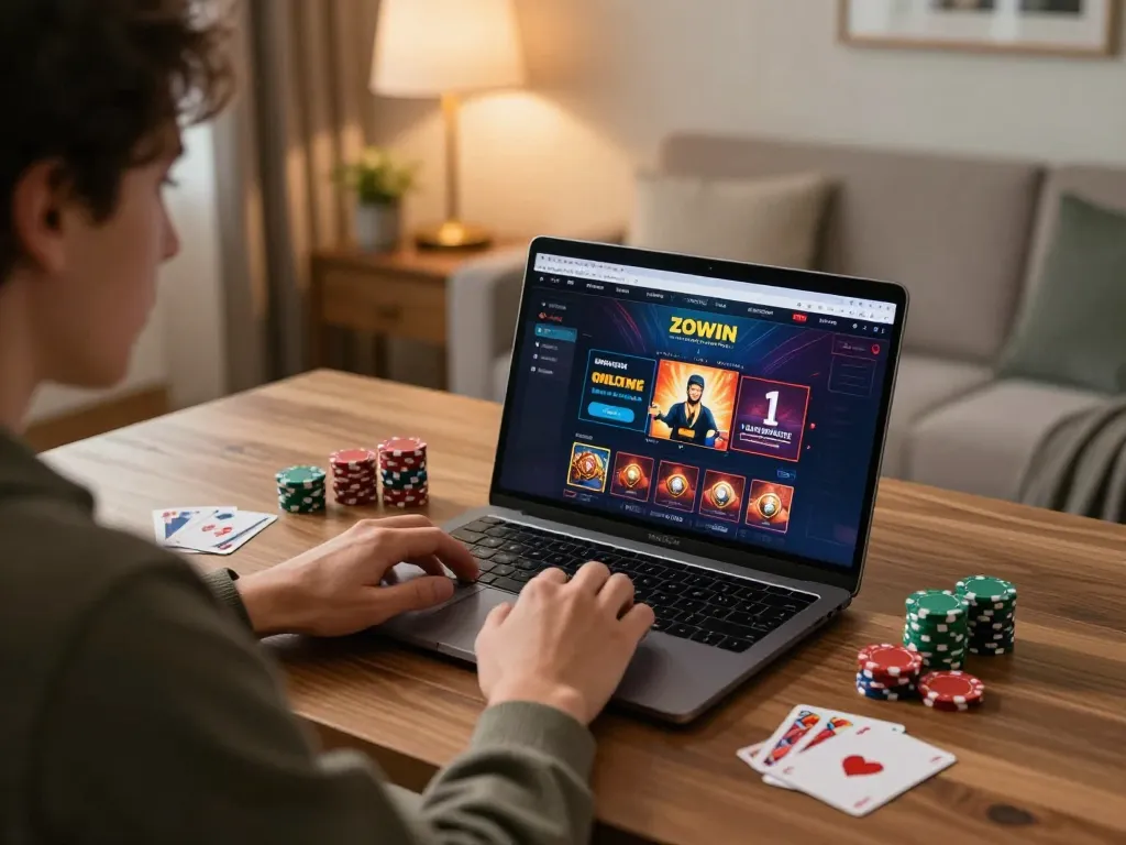 ZOWIN player engaging with online casino on laptop, focused expression, warm home ambiance.