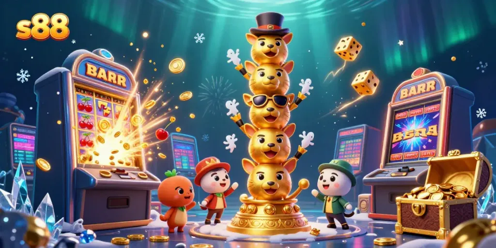 Experience the excitement of s88 slots with a vibrant casino illustration bursting with action and jackpot explosions.