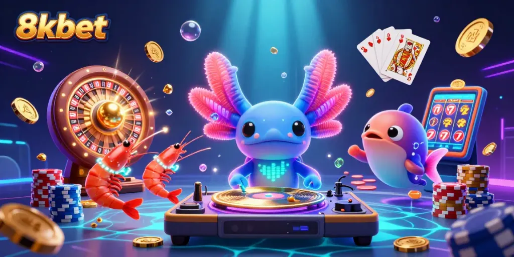 Win big with 8xbet in this vibrant 3D casino scene featuring colorful characters and dynamic gaming elements.