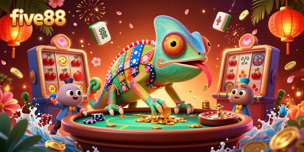 Experience the thrill of five88 with a colorful chameleon 'casino owner' amidst vibrant gaming elements.