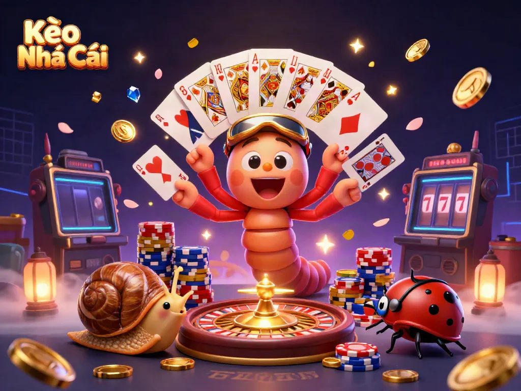 Engage in exciting betting action with Kèo Nhà Cái as colorful characters and rich casino elements fill the scene.