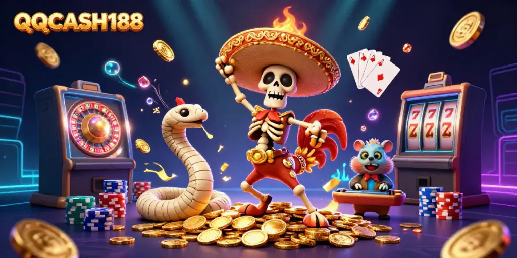 Join the excitement at QQCASH188 with a vibrant dance of fortune, featuring colorful characters and dynamic gaming elements.
