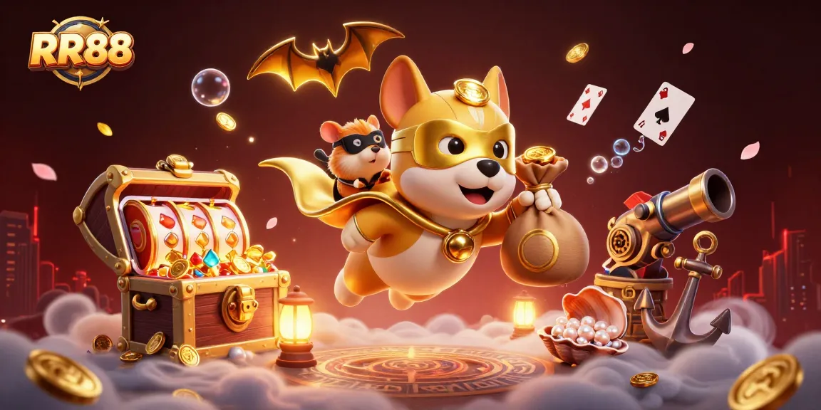 RR88 superhero dog flying through a casino-themed scene packed with gold coins and vibrant gaming elements