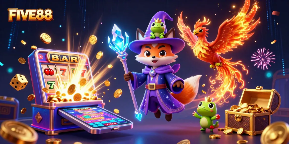 Experience the thrill of FIVE88 with a mystical wizard fox and phoenix in a vibrant casino explosion.