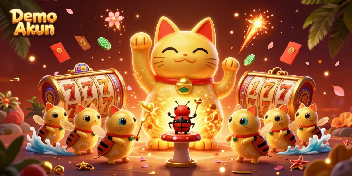 Engage in thrilling gameplay with a Demo Akun showcasing a lucky cat and vibrant slot symbols.