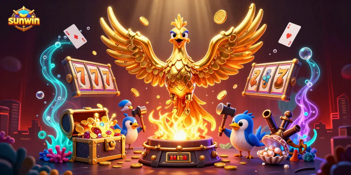 Immerse in Sunwin's golden casino atmosphere with a vibrant phoenix and lucky symbols.