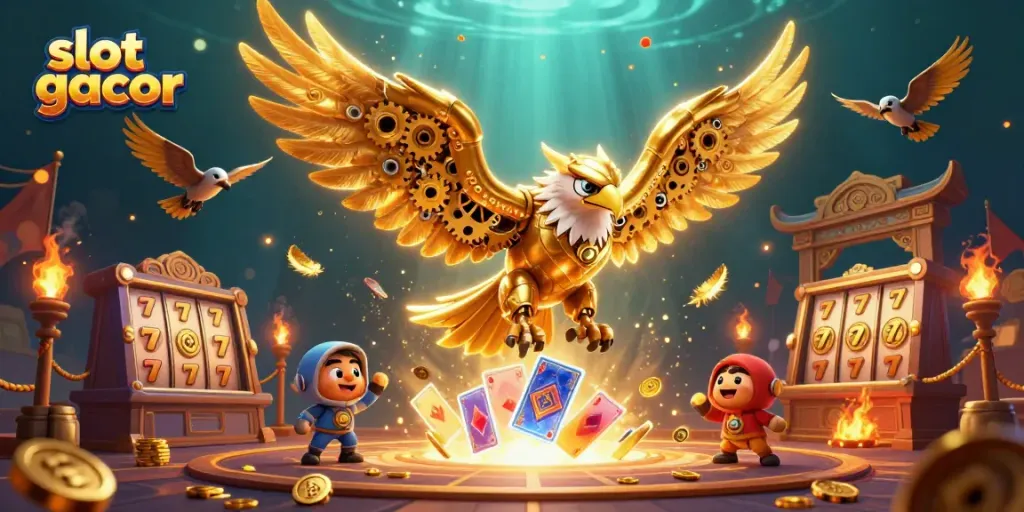 Experience thrilling slot gacor action with a cybernetic eagle soaring through a vibrant casino scene.