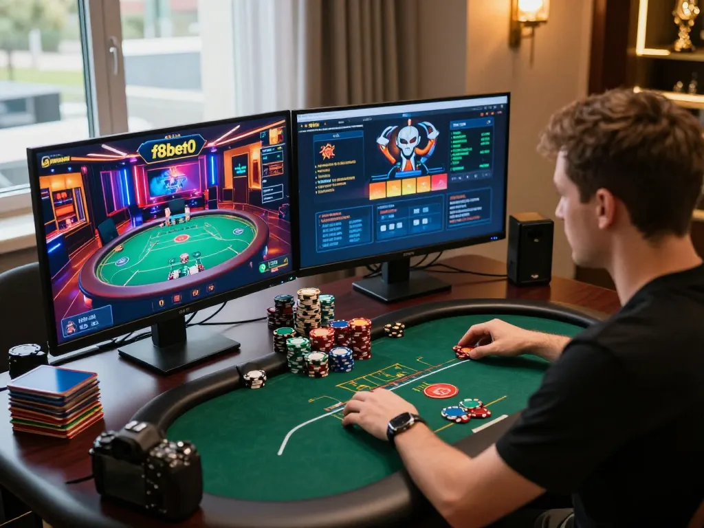 Player engages with f8bet0 online poker platform, showcasing strategic betting atmosphere.