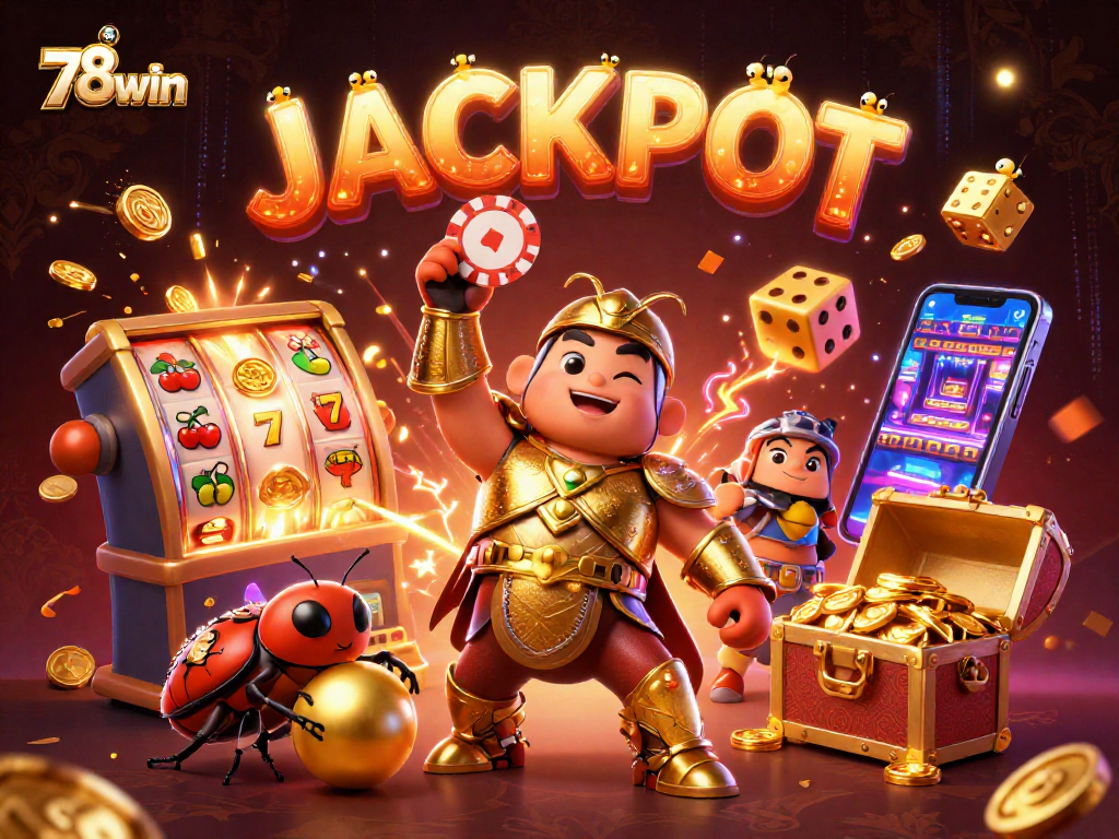 Celebrate wins with 78win as the cartoon beetle lifts a jackpot poker chip amidst vibrant casino action.