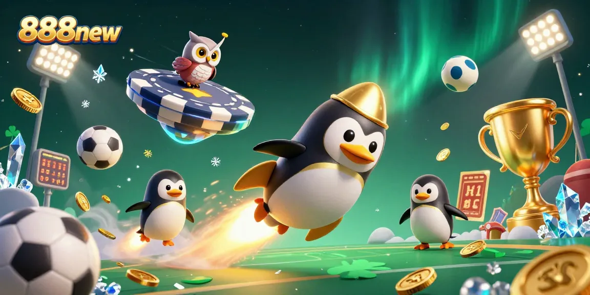 Bet on 888new as the golden penguin soars toward a vibrant casino, capturing immersive game excitement.