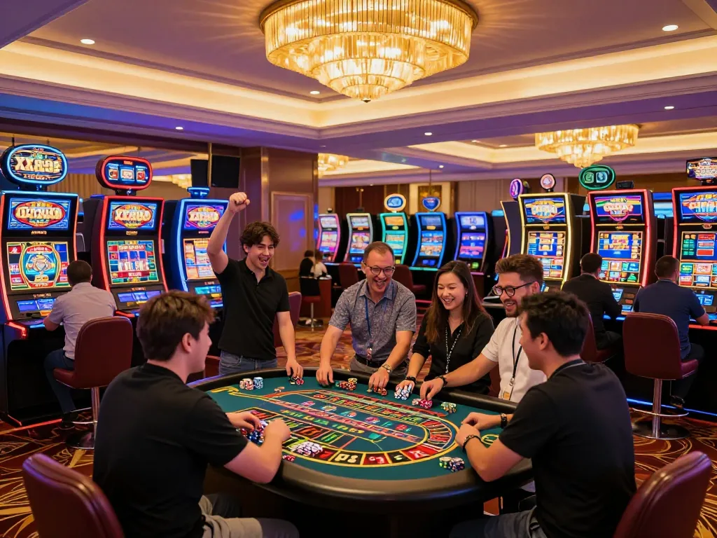 Players celebrating a win at XX88's modern casino, dynamic atmosphere with vibrant slots and roulette tables.