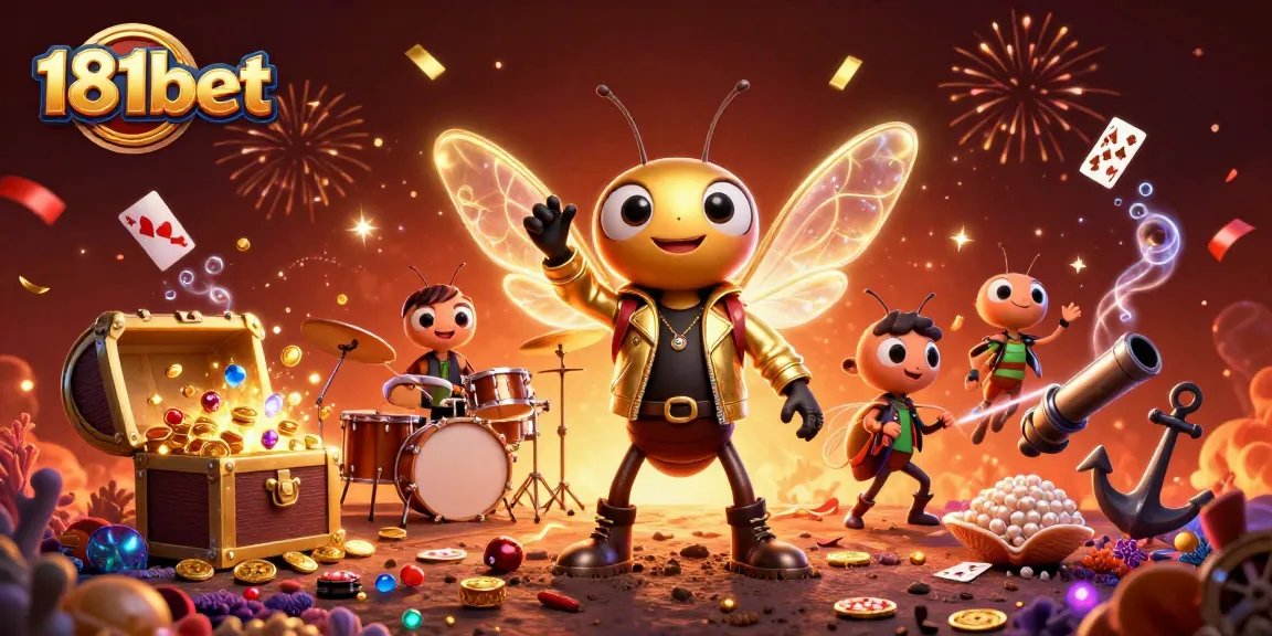 Play games and win big at 181bet, featuring a vibrant 3D illustration of a rockstar cicada and a treasure explosion.