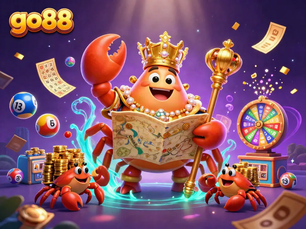 Experience winning with go88's vibrant casino scene featuring a golden crab emperor surrounded by colorful gaming elements.