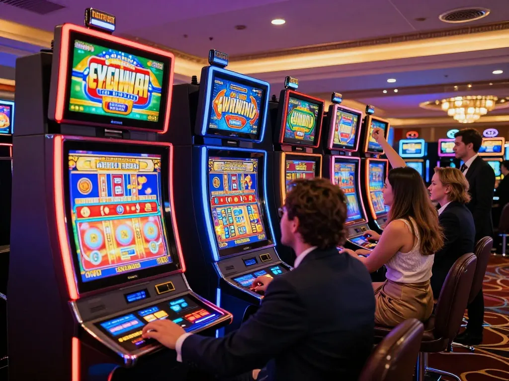 Engaged players enjoying Slot Gacor games at a colorful casino
