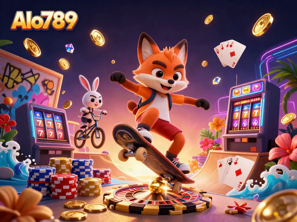 Alo789 showcases an exciting casino atmosphere with vibrant characters, casino elements, and thrilling gaming action.