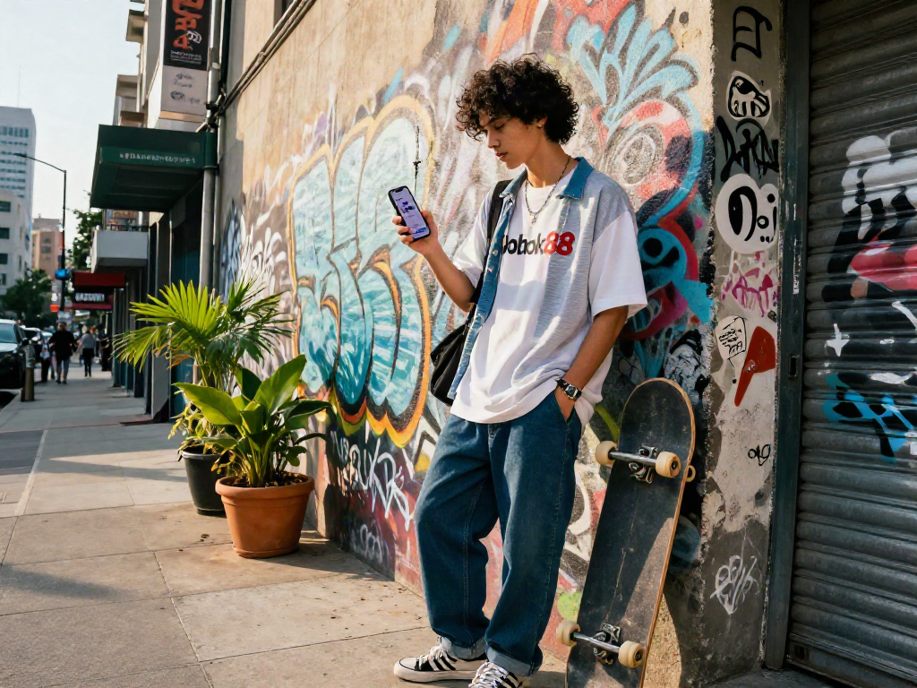 Engaging urban lifestyle scene showcasing rokok88 app use, stylish youth in streetwear.