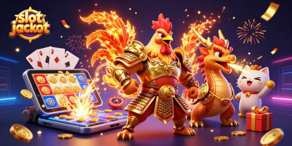 Experience thrilling slot jackpots with an animated rooster warrior and dragon in a colorful casino illustration.