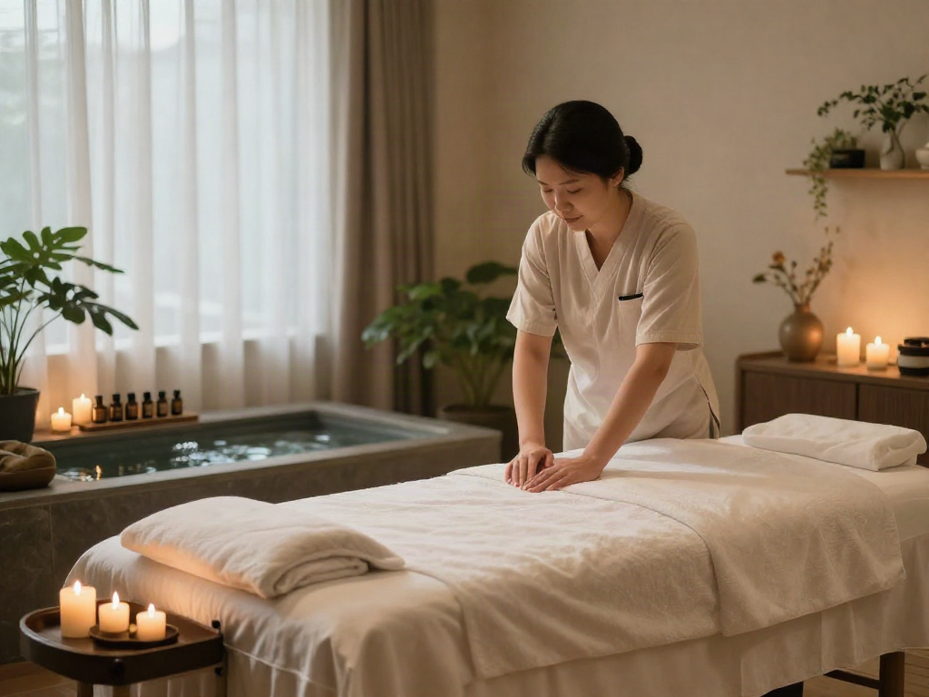 Relaxing 하남출장마사지 room with a tranquil atmosphere featuring essential oils and soft lighting.