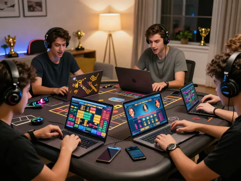 Engaged players at home enjoying FIVE88 live casino games on laptops.