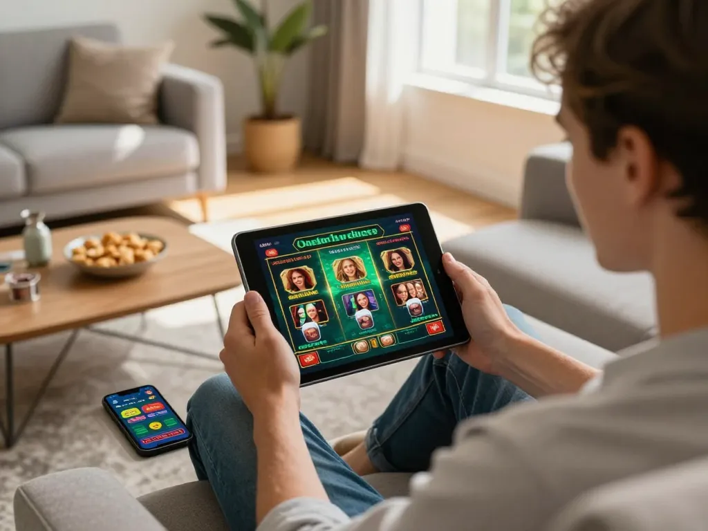 Player enjoying a game online on a tablet in a cozy home environment, highlighting the online casino experience.