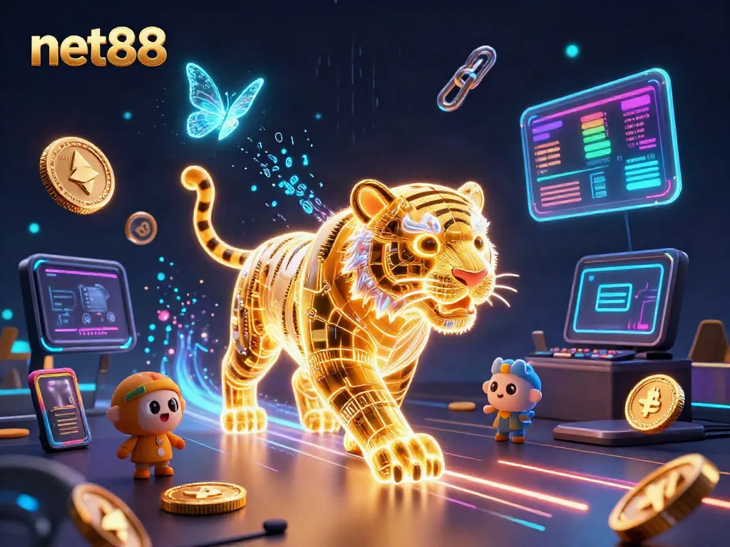 Play thrilling games at net88 with a dazzling neon-wireframe tiger in a vibrant digital casino.