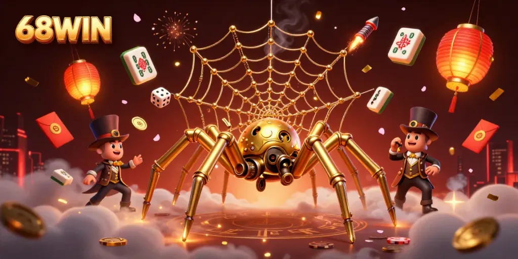 Enjoy thrilling moments at 68WIN, featuring a steampunk spider, poker chips, and lucky charm elements.
