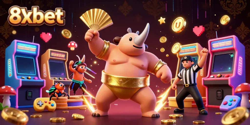 Experience the excitement of 8xbet with a cartoon beetle sumo champion surrounded by gaming elements.