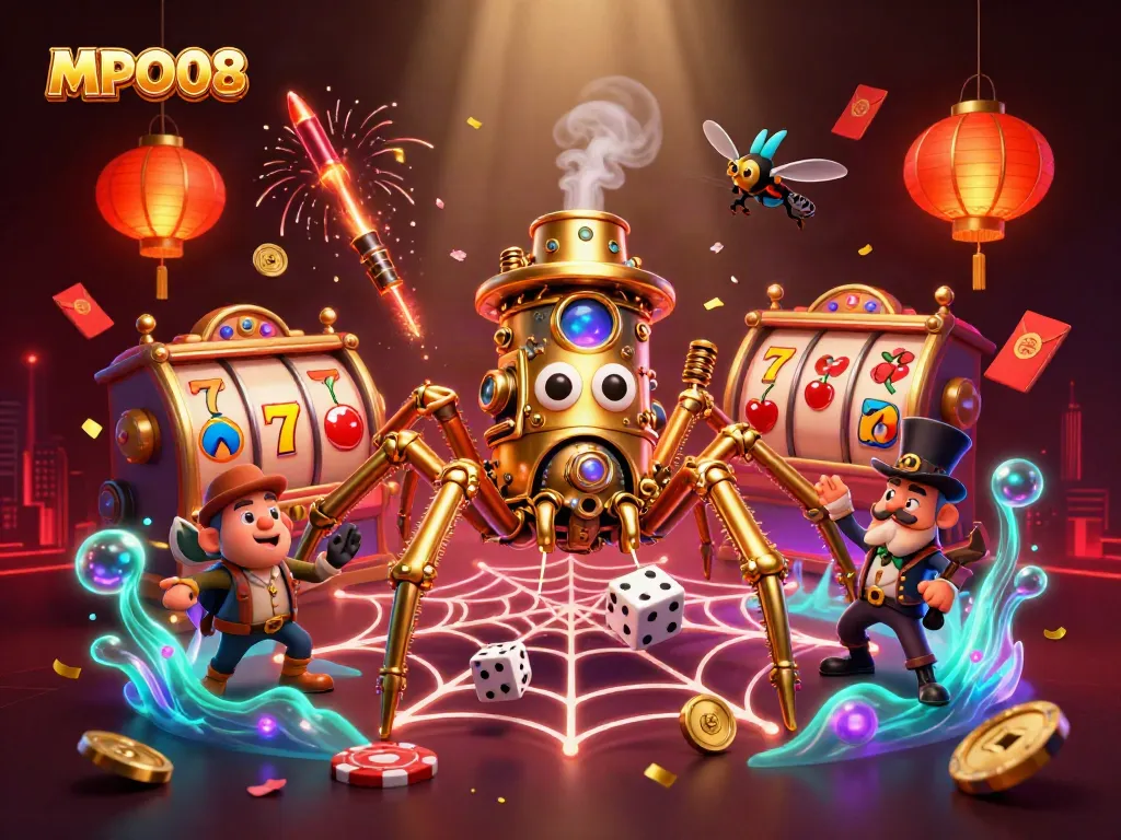 Experience the thrill of slots with MPO08, featuring a steampunk spider and lucky symbols in a vibrant casino scene.