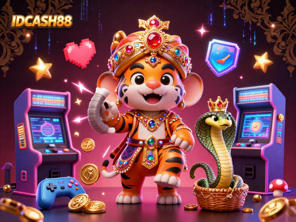 Experience spinning reels at IDCASH88 with a vibrant scene of a maharaja and gaming elements, highlighting casino excitement.