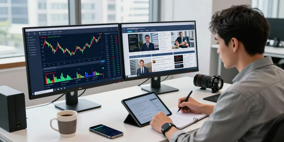 Ambiente de trading con Immediate Edge en monitores, persona concentrada.