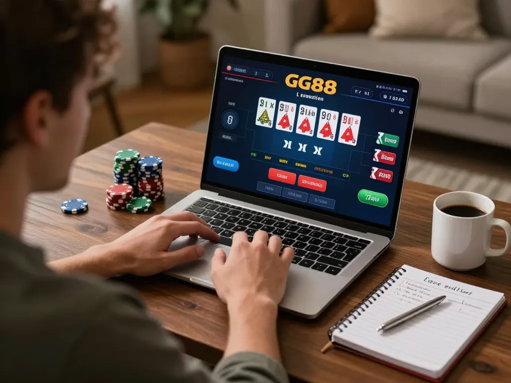 Engage with GG88's live dealer games from the comfort of home, showcasing a player making strategic moves.