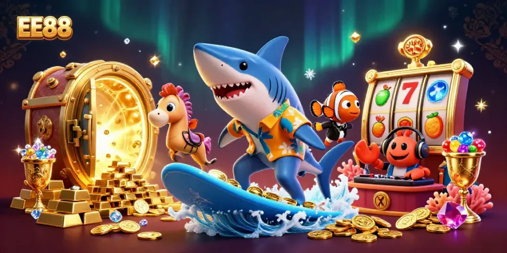 Experience exciting gameplay with EE88, featuring a cartoon shark and casino treasures.