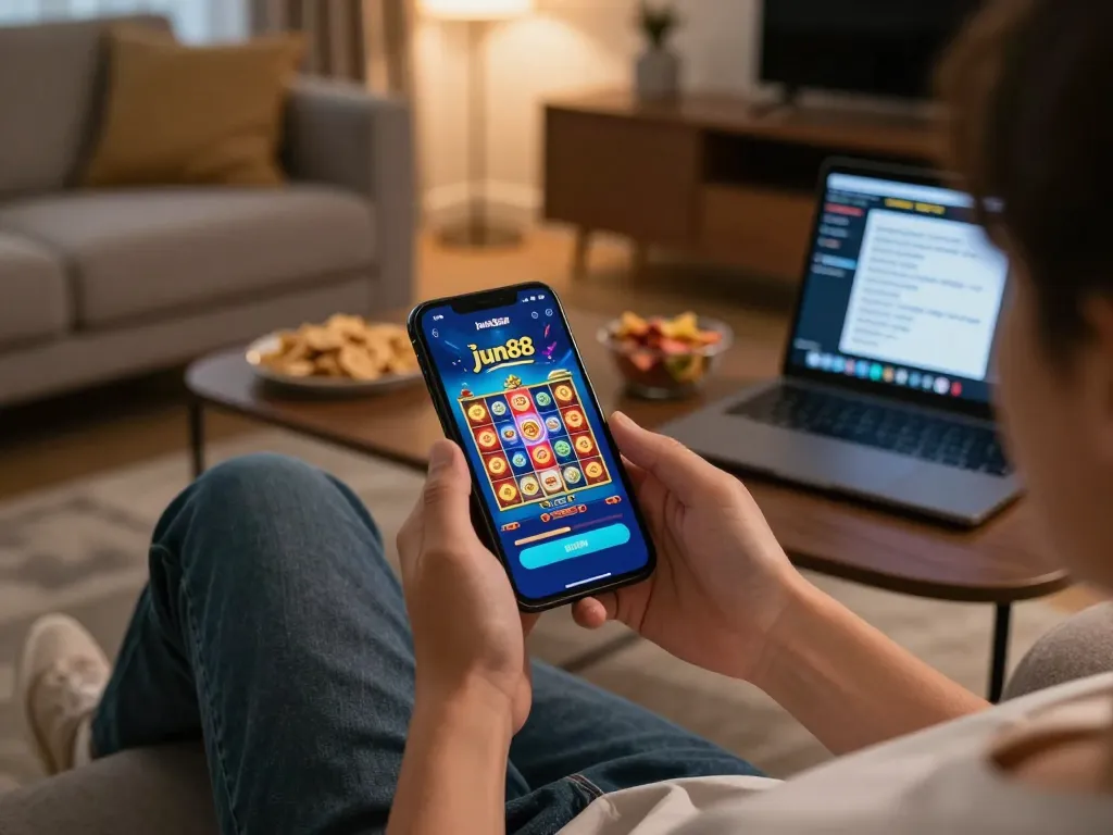 Engaged player using jun88 app on smartphone while relaxing in a cozy living room, showcasing online gaming environment.