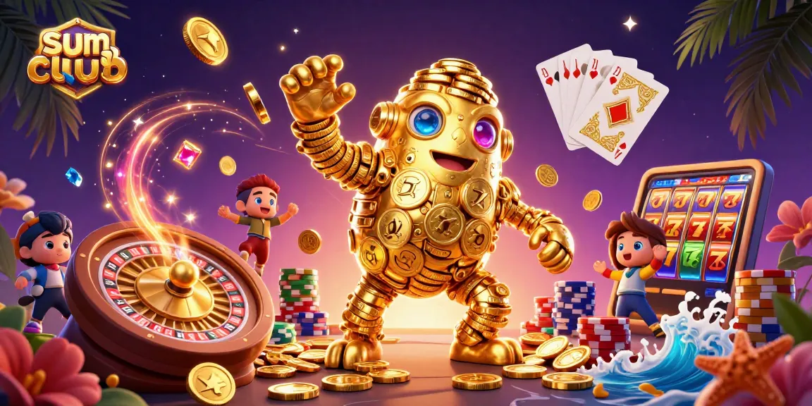 Experience the thrilling world of sumclub with a vibrant 3D illustration of a golden golem and dynamic casino elements.