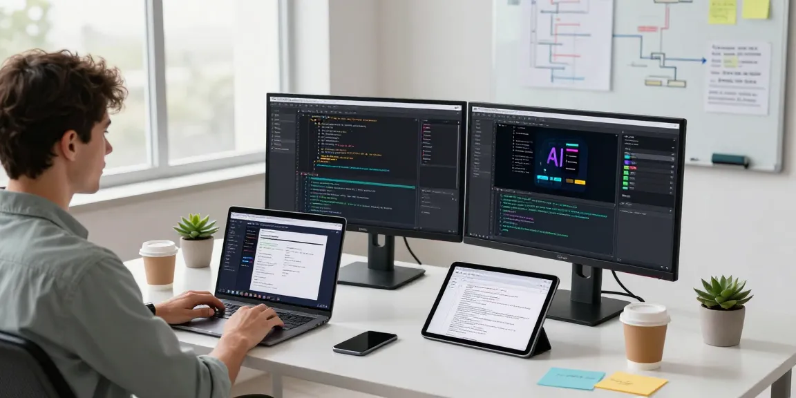 Build internal tools with AI in a modern workspace featuring a developer coding, dual monitors, and creative notes.