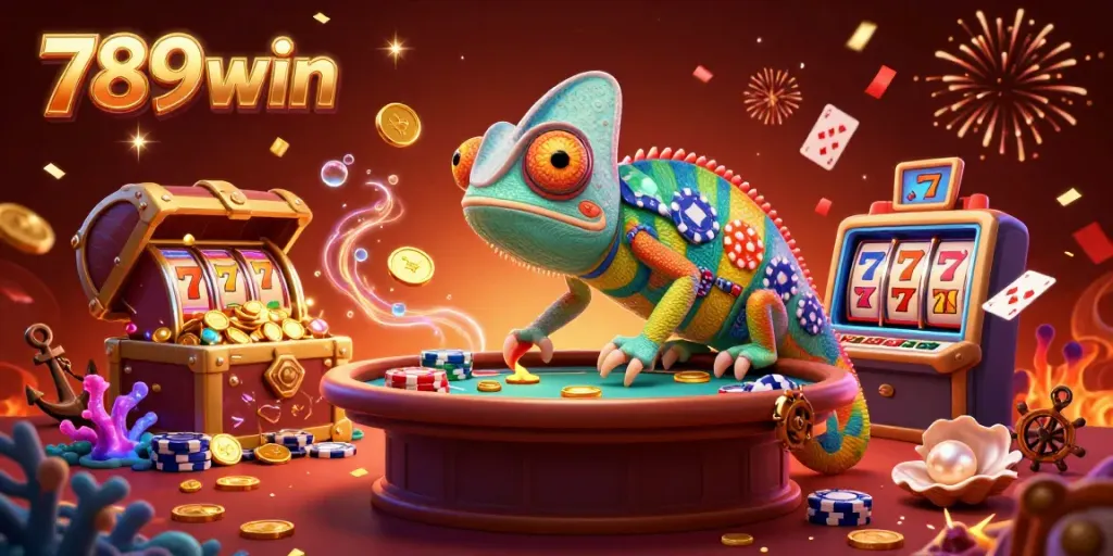 Experience thrilling casino vibes at 789win with a vibrant chameleon character and dynamic gaming elements.