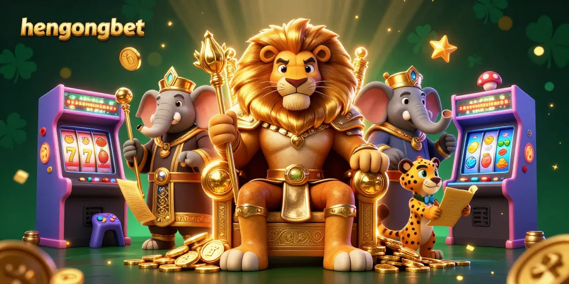 Experience thrilling gameplay at hengongbet featuring a lion king, elephant advisor, and cheetah messenger in a vibrant casino scene.