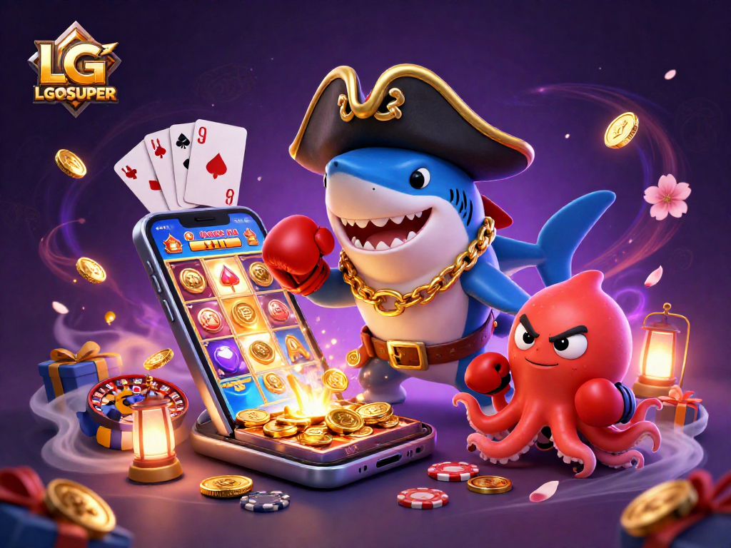 Experience the excitement of LGOSUPER with animated casino characters enjoying slot games and golden coins flying.