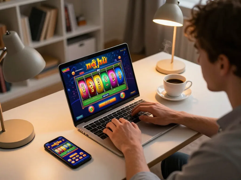 Engaging nổ hũ gameplay displayed on a laptop during home gaming session.