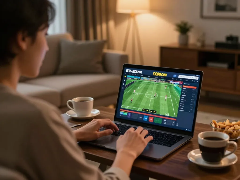 Engaged user utilizing SC88COM for sports betting on a laptop in a cozy home atmosphere with snacks nearby.