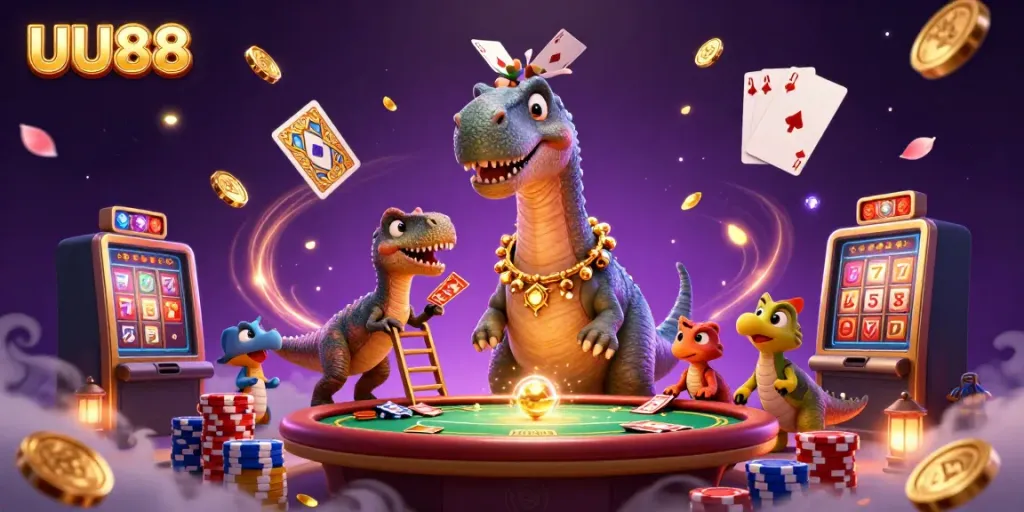 Join the fun at UU88, where a brontosaurus enjoys a poker game amid sparkling casino elements.