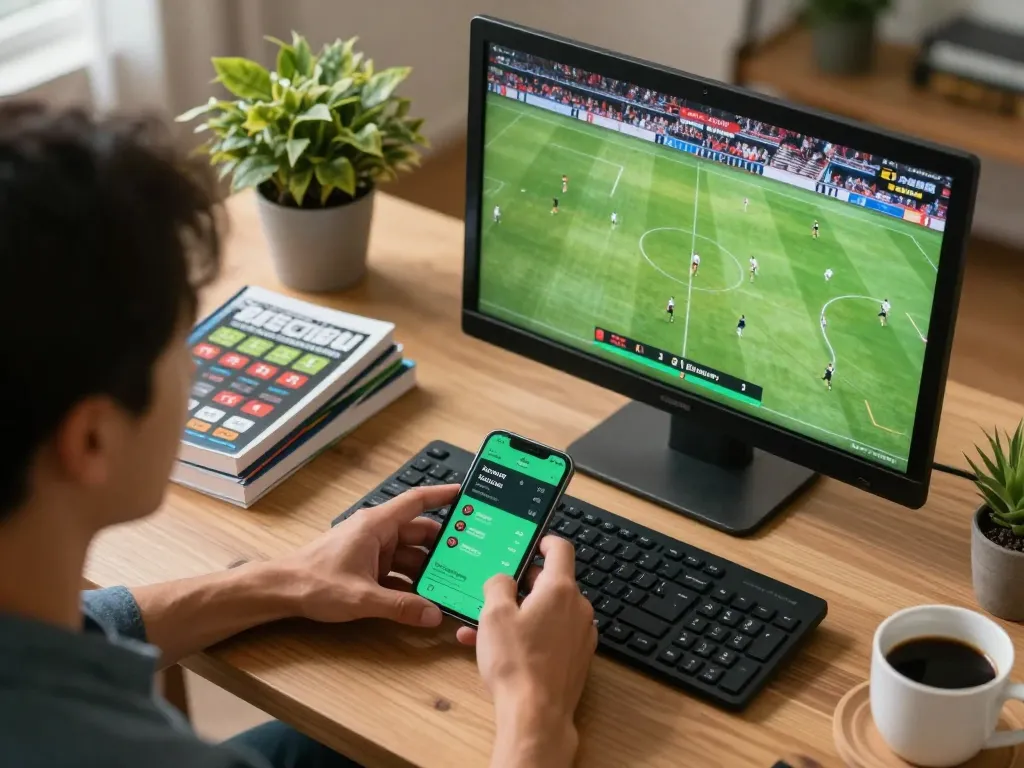 Engaged bettor analyzing live game odds at home using tylekeonhacai88 betting platform.