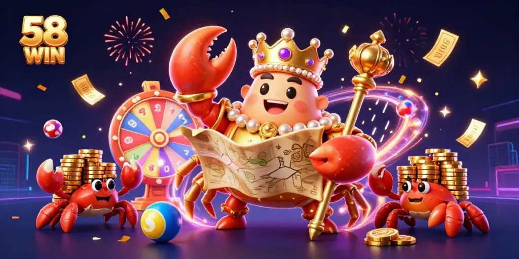 Experience the vibrant action of 58 WIN's casino with a golden crab emperor leading the festival of games and prizes.