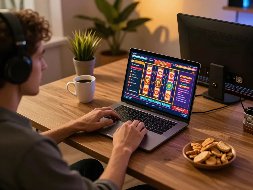 Person playing casino games on laptop at home, showcasing the 58wiin experience.