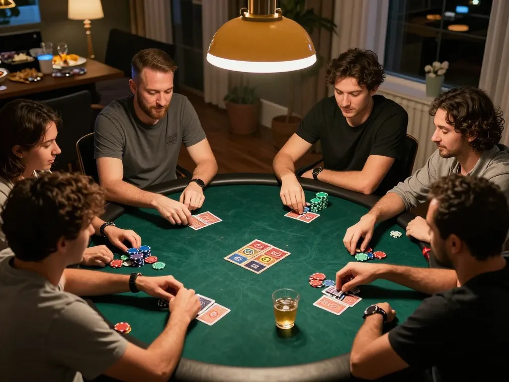LGO SUPER poker night with friends enjoying competitive gameplay around a table.