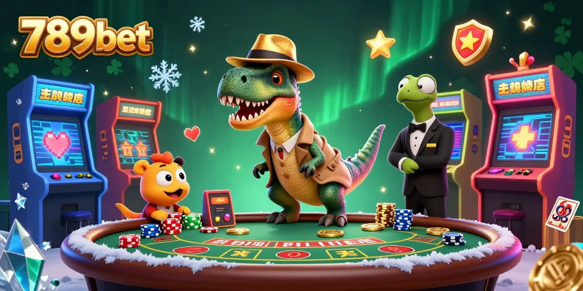 Engage with the 789bet casino scene featuring a cunning velociraptor at the blackjack table amidst vibrant gaming elements.